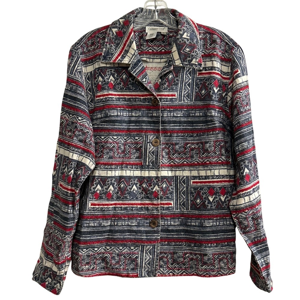 Coldwater Creek Geometric Print Button Front Jacket Women's Size M Linen Blend